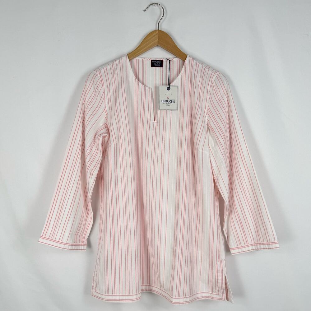 Untuckit Stripe Durfort Cotton Popover Shirt Women's 12 White Pink Pinstripe